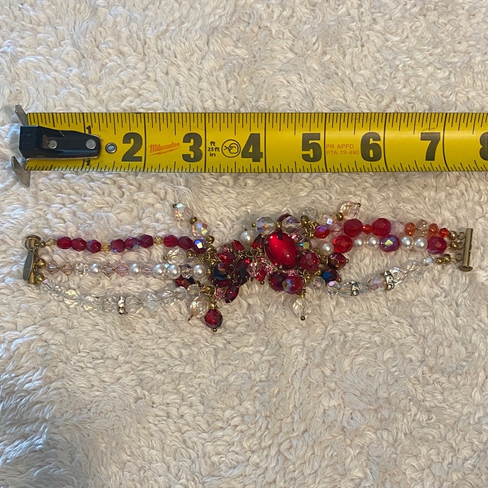 Red Multi-Strand Crystal & Pearl Statement vintage Bracelet